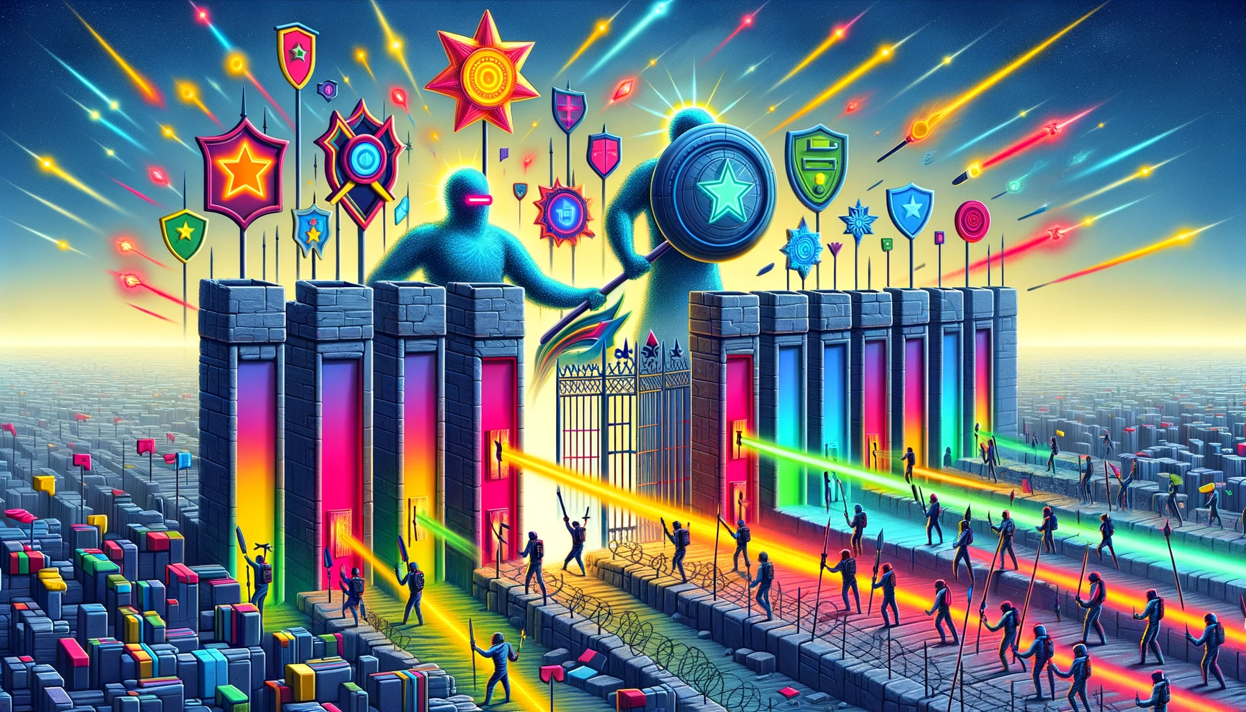 A fantastical battlefield where traditional educational gatekeepers, depicted as towering structures, face off against rebels wielding glowing Open Badges and alternative credentials, using them to break through barriers, highlighted in shades of gray, red, yellow, and blue.