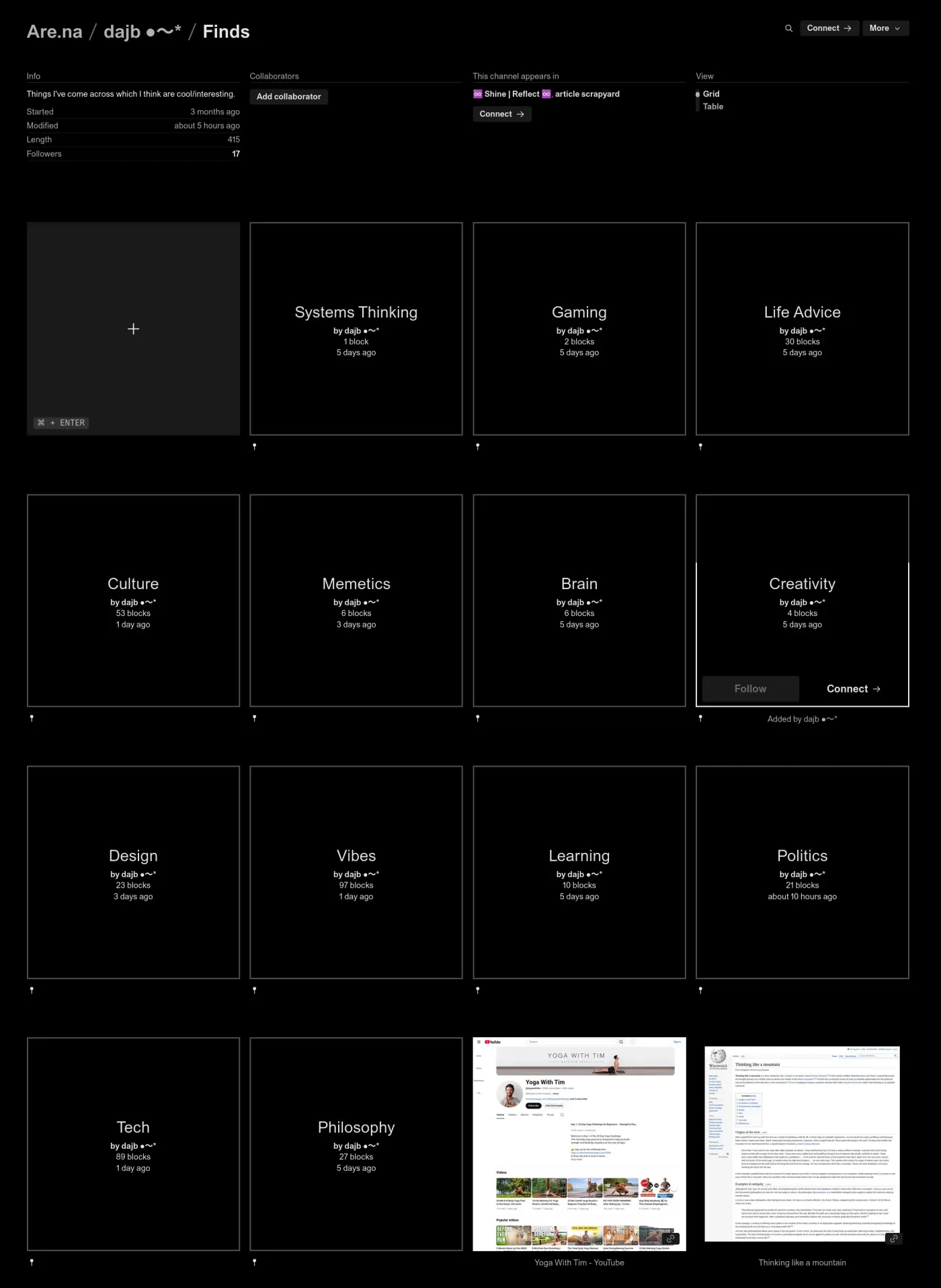 Auto-generated description: A digital collection platform interface displays various categorized topics like Systems Thinking, Gaming, and Life Advice, each represented by black tiles.
