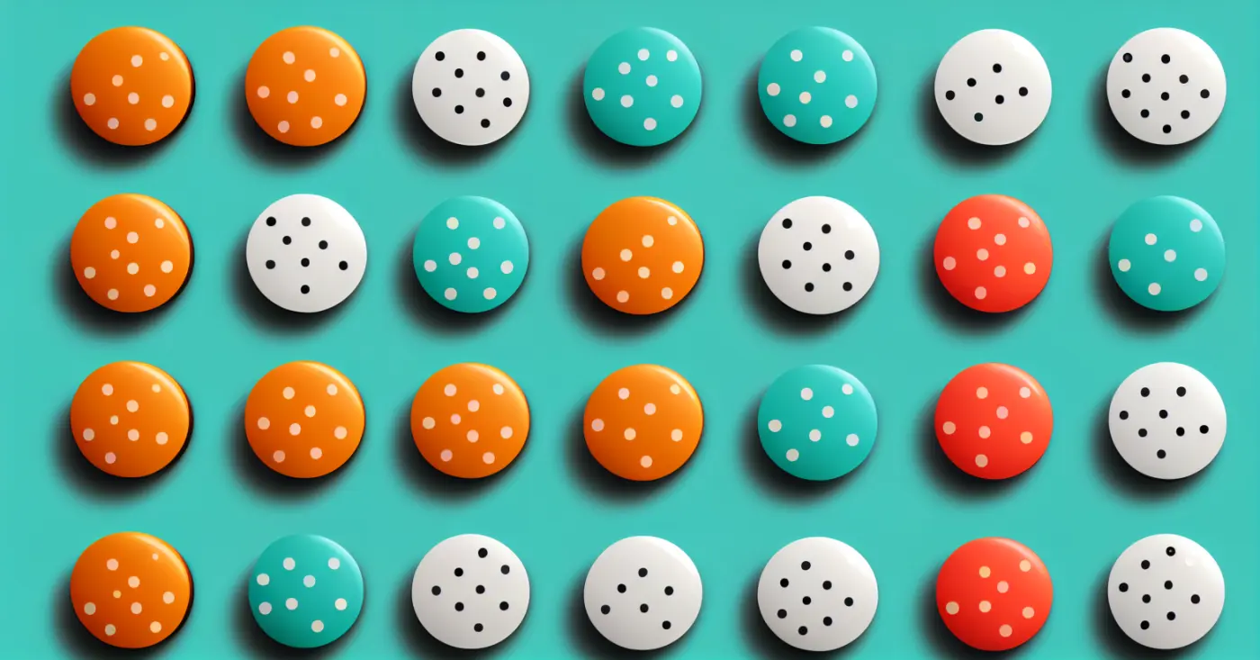 AI-generated image created by Midjourney with prompt: "a calendar with different colored dots on turquoise background, in the style of light gray and orange, personal iconography, #vfxfriday, oshare kei, hallyu, flat form --ar 142:75"