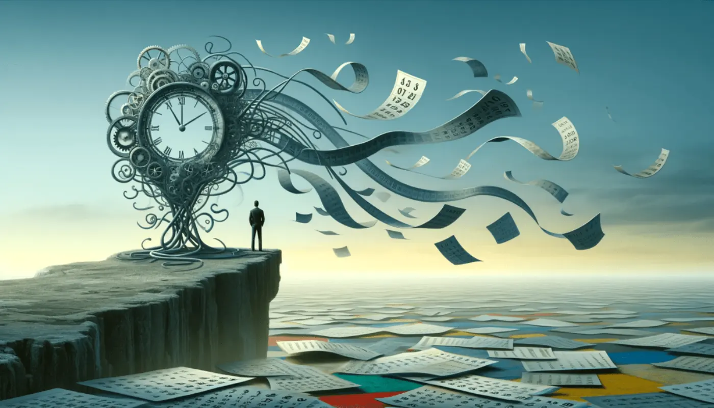 A surreal image depicting an abstract figure, made of clock hands and gears, standing at the edge of a cliff. The sky transitions from light gray at the horizon to deep blue at the top. The ground is a mosaic of calendar pages, some fluttering in the wind. 
