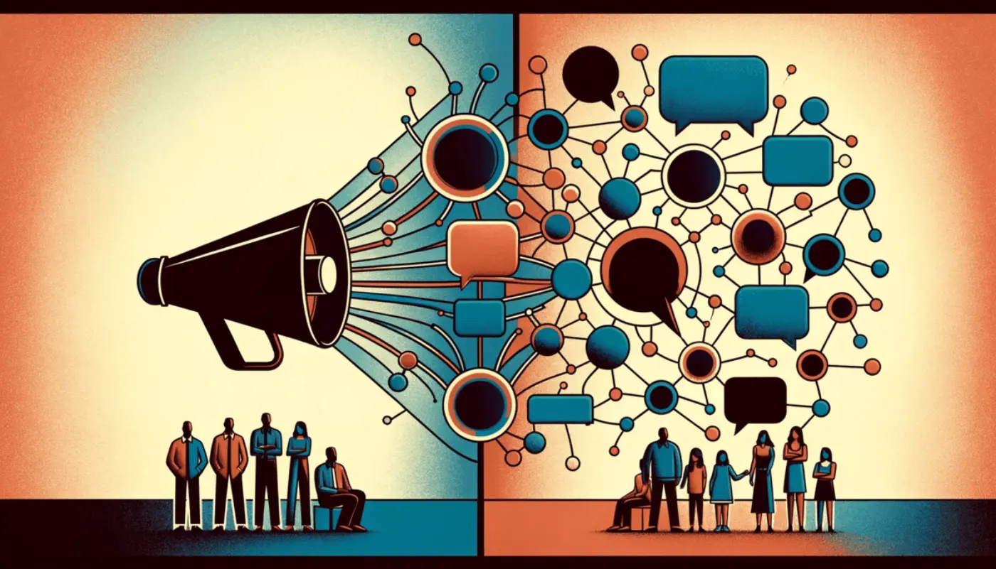 An abstract illustration in 16:9 aspect ratio contrasting the DAD and EDD approaches. On the left, representing the DAD approach, a large megaphone directed from the top towards a passive crowd below, symbolizing one-way, top-down communication. This side is depicted in cooler tones, emphasizing a distant, authoritative dynamic. On the right, depicting the EDD approach, a network of colorful speech bubbles connects a diverse group of people (men and women of various descents). This side uses warmer, inviting tones, illustrating open, multi-directional communication and a collaborative atmosphere.