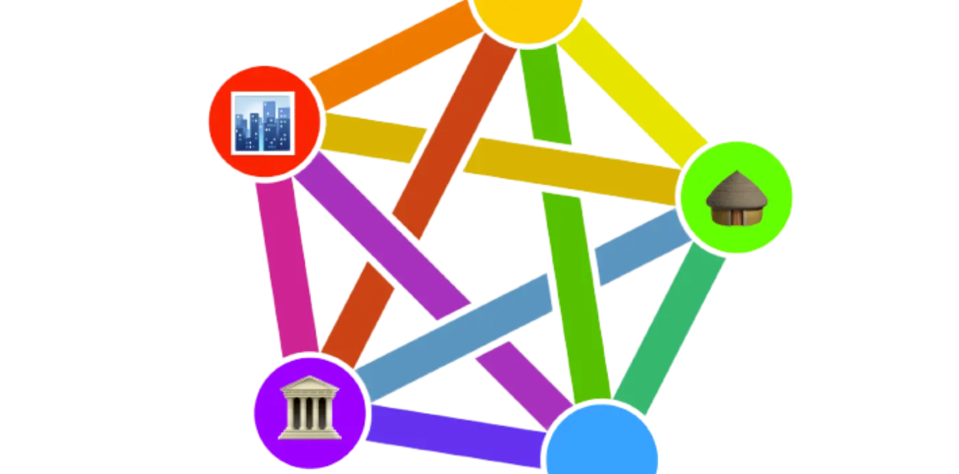 Fediverse symbol with emojis representing cities, towns, and villages
