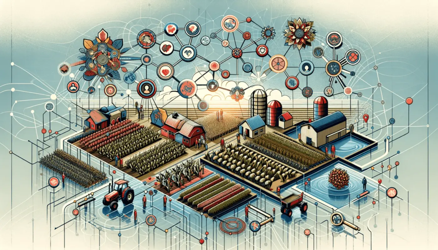 DALL-E 3 created abstract image in 16:9 format, capturing the essence of Richard Bawden's Critical Social Learning Systems (CSLS) in the context of Australian farming. This visualization artistically blends elements of systems thinking with agricultural themes, emphasizing the real-world application of CSLS in sustainable farming practices.