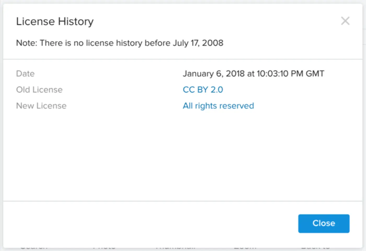 Screenshot of Flickr license history showing that the license was changed on January 6, 2018 from CC BY 2.0 license to the current Copyright (All Rights Reserved) 