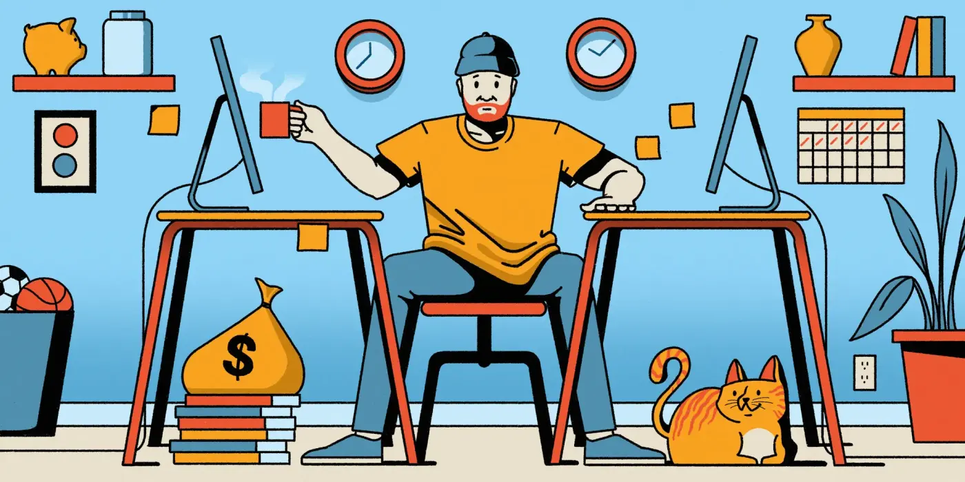 Person with cup of coffee between two working desks