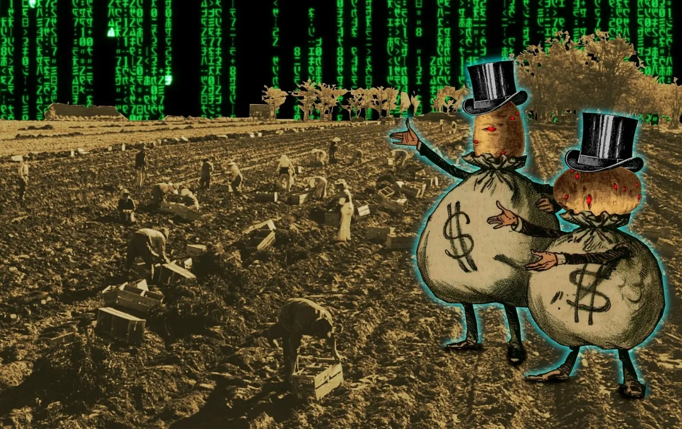 Two caricatures of top-hatted millionaires whose bodies are bulging money-sacks. Their heads have been replaced with potatoes. The potatoes' eyes have been replaced with the hostile red eye of HAL 9000 from Kubrick's '2001: A Space Odyssey.' They stand in a potato field filled with stoop laborers. The sky is a 'code waterfall' as seen in the credit sequences of the Wachowskis' 'Matrix' movies.