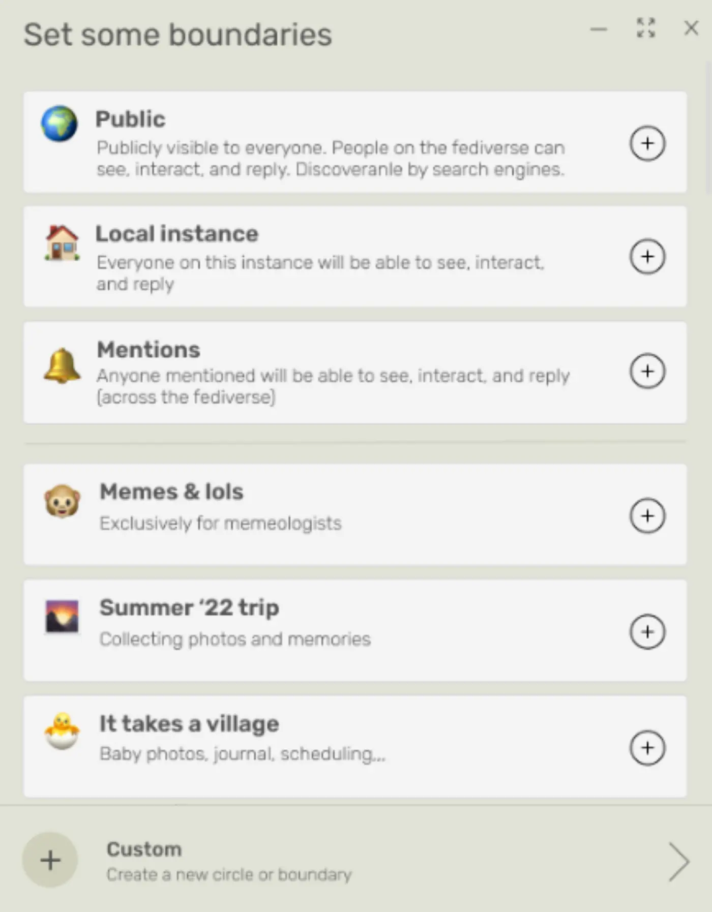 Screenshot showing different 'boundaries' over and above the usual (e.g. 'Memes & lols', 'Summer '22 trip' and 'It takes a village')