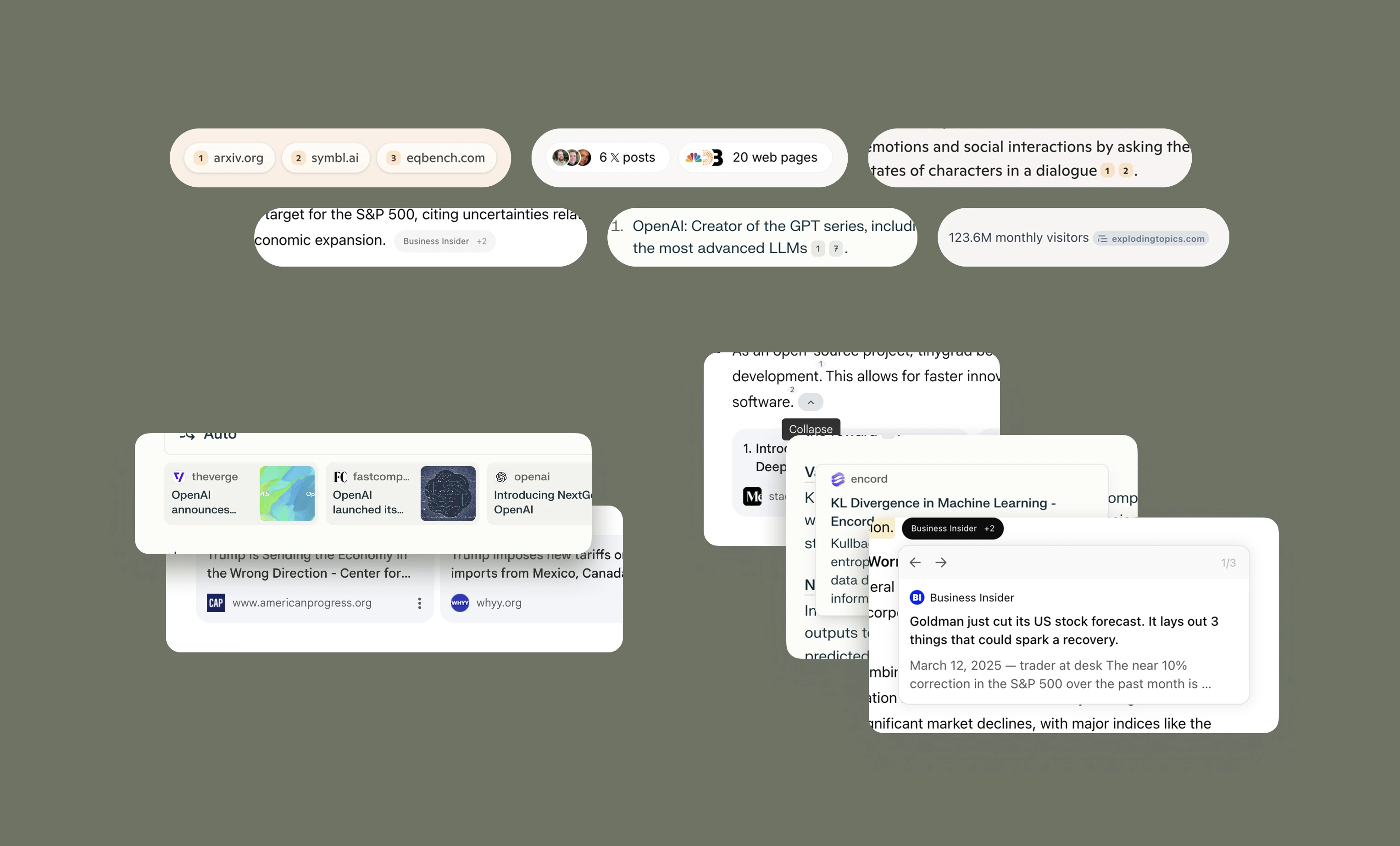 Web source attribution shown on these tools with inline citations, source bars, and hover cards.