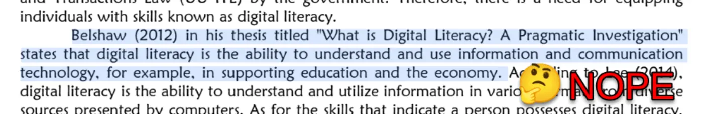 Emoji symbol and word 'NOPE' next to a spurious definition of digital literacy attribute to me.