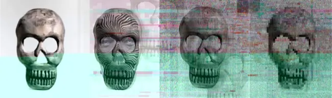 Auto-generated description: A sequence of four stylized skull depictions transitions from a realistic appearance to a distorted, pixelated form with glitch effects.