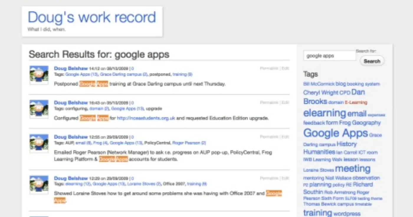 Doug's work record - search for 'Google Apps'