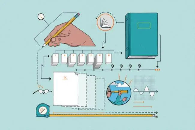 Illustration of a book, hand, pen, and tape measure