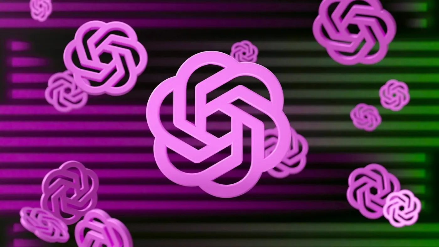 Auto-generated description: Purple intertwined geometric shapes are scattered across a background with horizontal green and purple stripes.