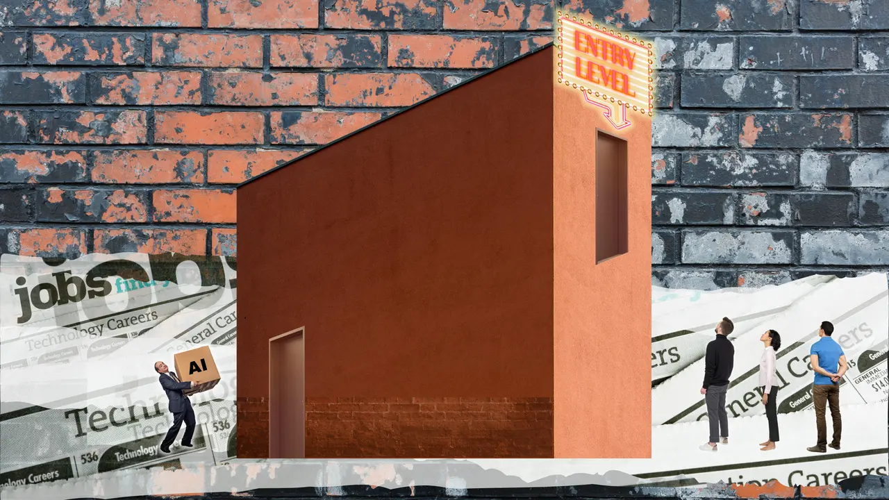 Auto-generated description: A group of people stands outside a large, narrow building with a sign labeled Entry Level, while a man carries an AI box on the side.