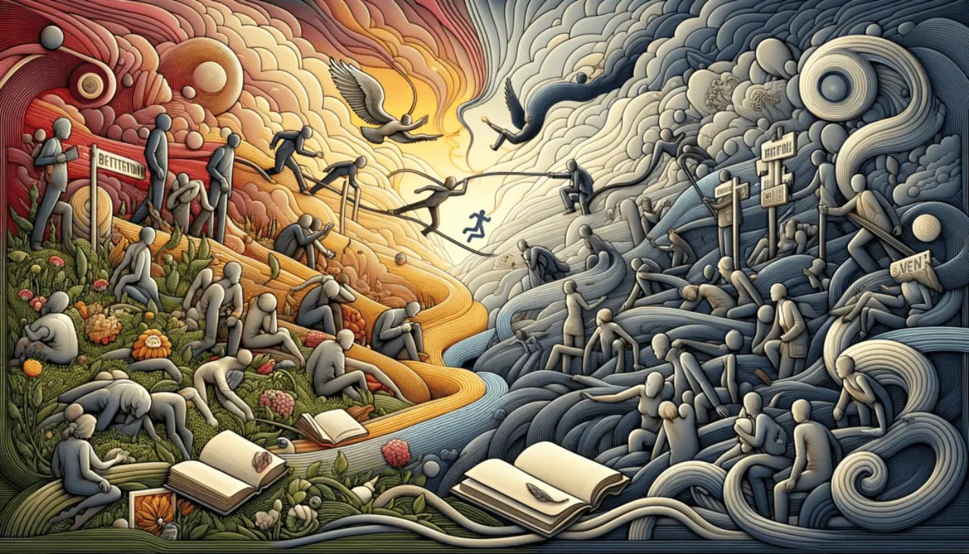 A wide, imaginative illustration capturing the essence of 'Giving up is an attempt to make a different future.' The scene depicts a seamless blend of characters in various states of surrender and aspiration, symbolizing the complex interplay between relinquishing and pursuing. The continuous landscape merges elements of hope and despair, reflecting the subtlety of the concept. Subtle references to Montaigne and Marion Milner, like books and thoughtful symbols, are integrated throughout. 