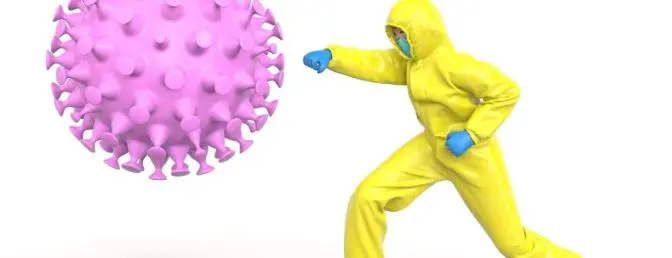 Person in biosuite attacking a Covid spike protein