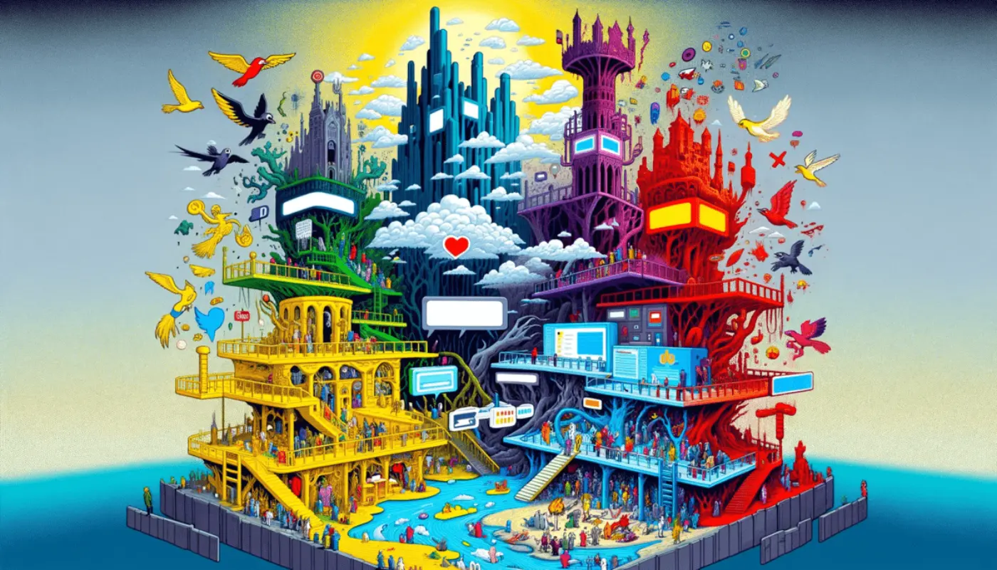 This is a vibrant and highly detailed image depicting a fantastical scene reminiscent of a stage set for an imaginary play. The artwork is rich with various elements and layers, featuring multiple colorful structures that resemble different themed areas or sets. On the left, there's a golden-yellow structure with green accents, platforms, and staircases that evoke a bustling market or social hub, with tiny figures that appear to be people engaging in various activities. Centered in the image is a towering cityscape with blue and black skyscrapers rising among white, fluffy clouds against a clear sky. To the right, the scene turns darker with red and black twisted trees and buildings that have a more ominous vibe, including some structures that are on fire and surrounded by dark birds. The entire image is a blend of whimsy and chaos, with numerous birds in flight throughout, some carrying symbols like hearts and crosses. There are also splashes of paint and abstract elements scattered across the image, contributing to the surreal, dreamlike atmosphere. The overall color scheme includes bright red, yellow, blue, and varying shades of dark gray, all set against a light blue background that suggests a waterside setting at the bottom edge of the image.