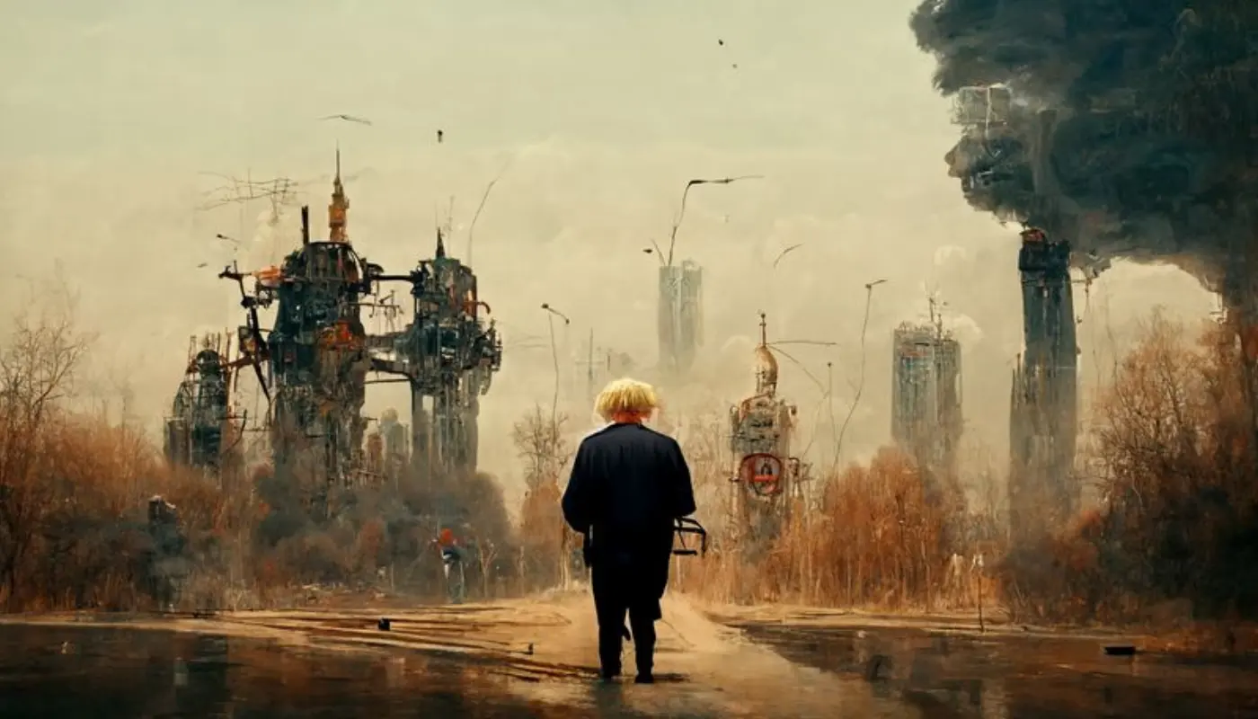 Image created by the Midjourney AI model from the prompt 'Boris Johnson wandering through a dystopian wasteland'.